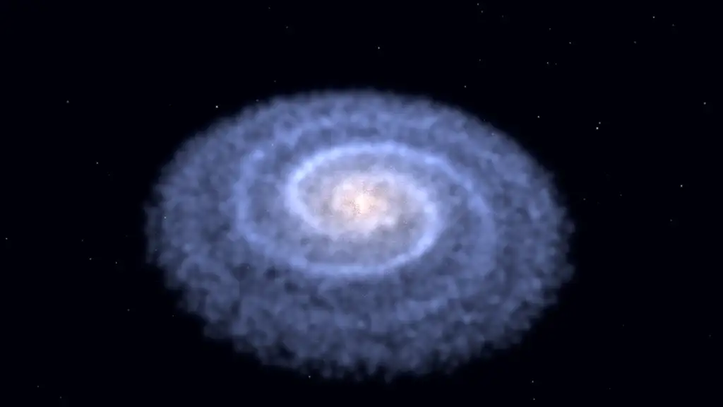 An animated spiral galaxy rendered from colored particles